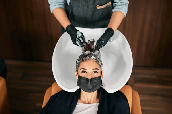 High Angle View Woman Wearing Face Mask While Enjoying Hair — Zdjęcie stockowe