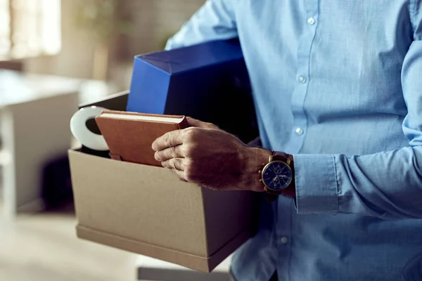 Unrecognizable Businessman Packing His Belongings While Leaving Office Losing His — Stock Fotó