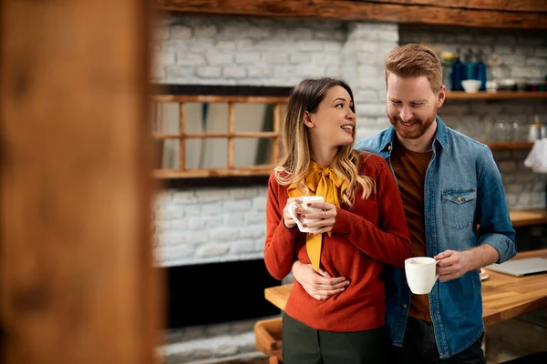 Young Happy Woman Her Boyfriend Communicating While Enjoying Cup Coffee — Photo