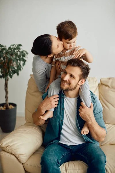 Young Happy Parents Enjoying Small Son Home — Stock Fotó