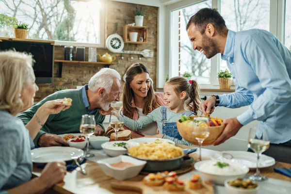 Happy Multi Generation Family Gathering Dining Table Having Fun Lunch — Foto Stock