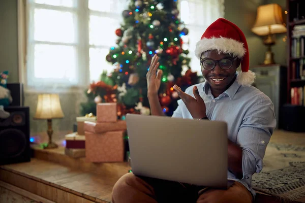 Happy African American Man Having Video Call Laptop Pointing His — ストック写真
