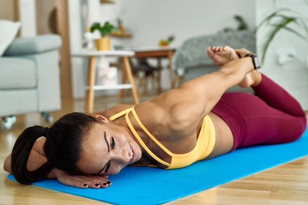 Young Happy Sportswoman Doing Stretching Exercises Floor Living Room — Foto de Stock