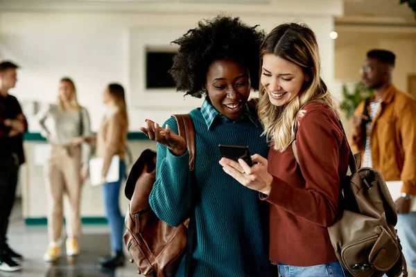 Happy African American Student Her Friend Having Fun While Text —  Fotos de Stock