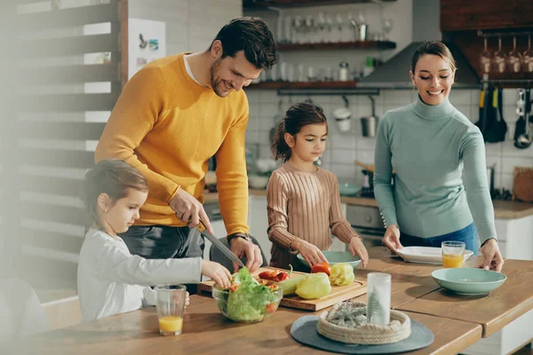 Happy Family Enjoying Preparing Food Kitchen Focus Father Copping Vegetables — стоковое фото