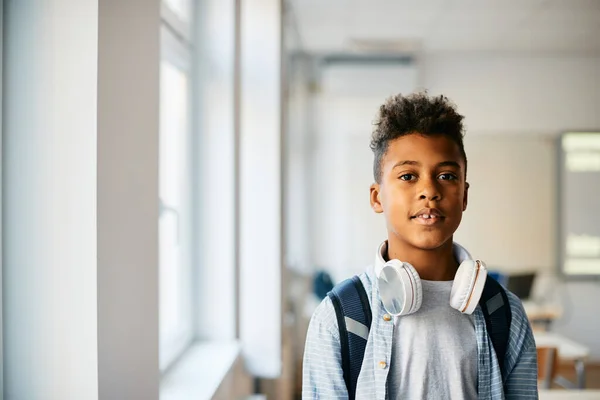 African American Schoolboy Standing Classroom School Looking Camera Copy Space — Foto de Stock