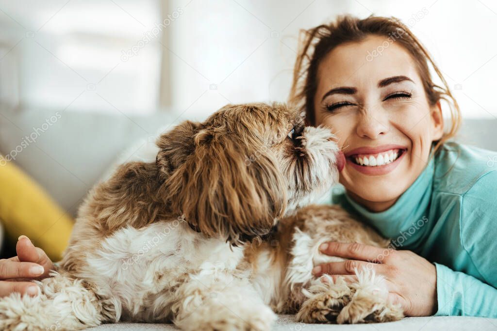Young woman having fun while her dog is kissing her at home. 