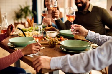 Close-up of multi-ethnic people toasting with wine while eating at dining table.