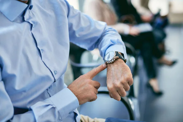 Close Businessman Pointing Time His Wristwatch While Sitting Waiting Room — Photo