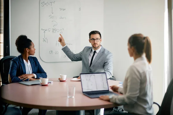 Male Ceo Pointing Whiteboard While Talking Female Colleagues Business Meeting — Foto de Stock