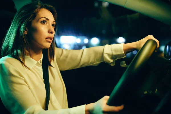 Young Crying Woman Steering Wheel Her Car Night — стоковое фото