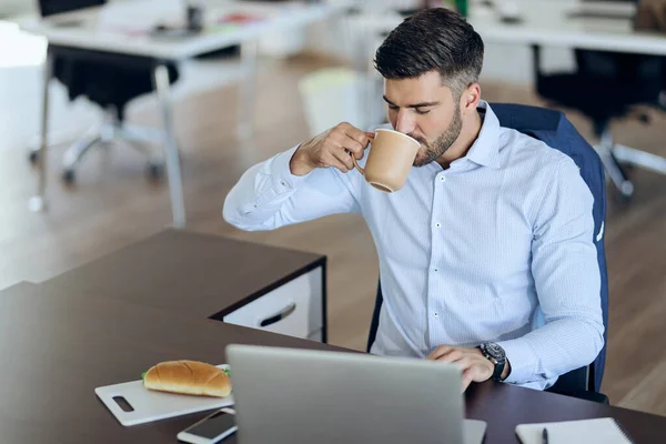 Young entrepreneur enjoying in cup of coffee while working on laptop in the office.