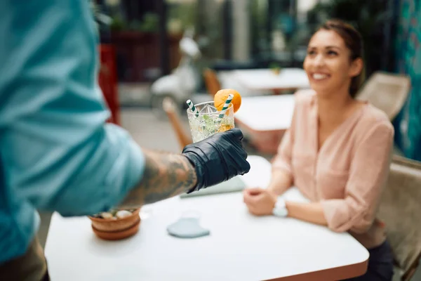 Close Waiter Serving Drink Female Customer Wearing Protective Gloves Due —  Fotos de Stock