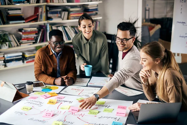 High Angle View Young Happy Freelances Brainstorming While Working New — Zdjęcie stockowe