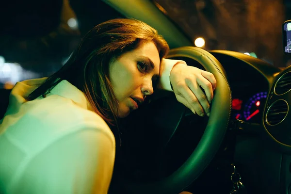 Young Sad Woman Crying Steering Wheel Car Night — Stockfoto