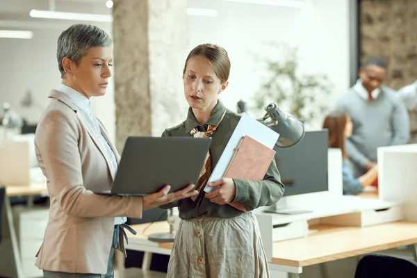 Mid Adult Ceo Her Female Coworker Using Laptop While Working — Foto de Stock