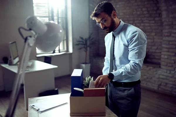 Male Entrepreneur Packing His Stuff Cardboard Box Being Fired His — Zdjęcie stockowe