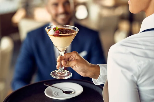 Close Waitress Serving Lemon Tart Raspberry Sorbet Martini Glass Customer — Stock Photo, Image