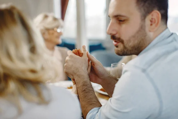Close Couple Communicating While Holding Hands Dining Table — ストック写真
