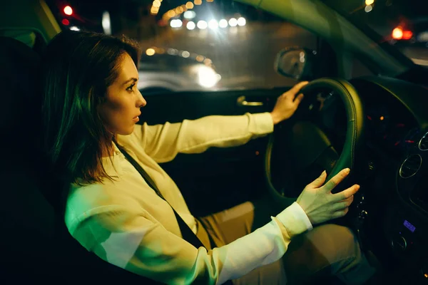 Profile View Young Woman Driving Car Night — 图库照片
