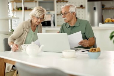 Mature couple analyzing their home budget while paying financial bills online at home.