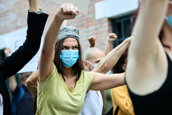 Female Activist Wearing Protective Face Mask While Protesting Crowd People — Photo