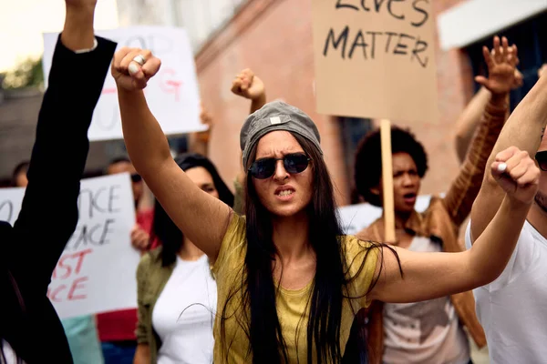 Multi Ethnic Crowd People Racism Demonstrations Focus Caucasian Arms Raised — Stok fotoğraf