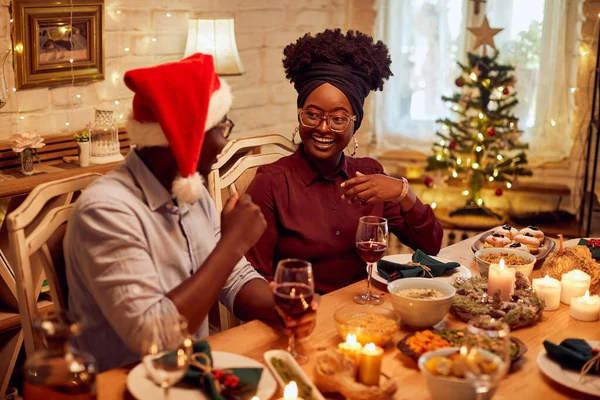 Young Happy Black Woman Her Husband Communicating While Having Meal — ストック写真