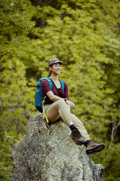 Smiling Female Hiker Relaxing Eyes Closed Mountain Rock Nature Copy — Stock Photo, Image