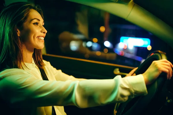 Happy Woman Enjoying While Driving Her Car Night — Photo