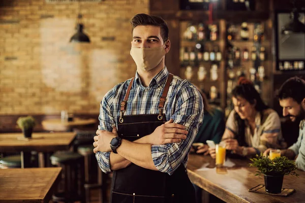 Portrait Waiter Wearing Protective Face Mask While Standing Crossed Arms — 스톡 사진