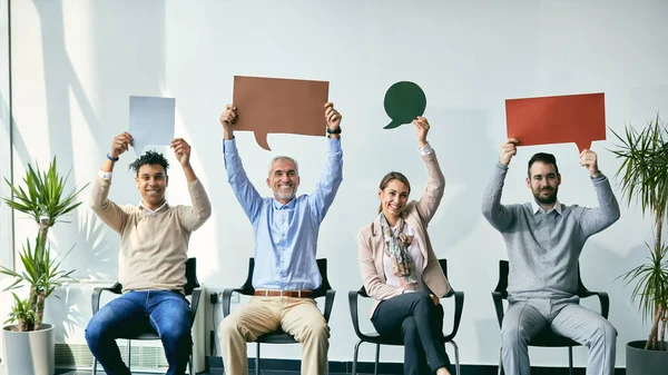 Group Happy Diverse Business People Holding Speech Bubbles While Waiting — ストック写真