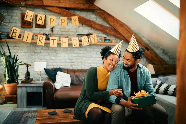 Happy African American Man Receiving Present His Birthday His Wife — Stockfoto