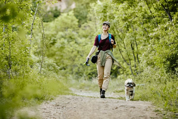 Full Length Happy Female Hiker Walking Her Dog Woods Copy — Stock Photo, Image