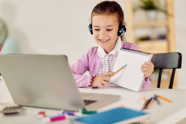 Smiling little girl homeschooling and using laptop during online video class. 
