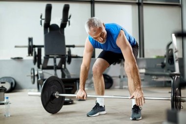 Mature sportsman exercises strength with barbell during gym work