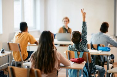 Rear view of schoolboy raising his arm to ask a question during a class in the classroom.