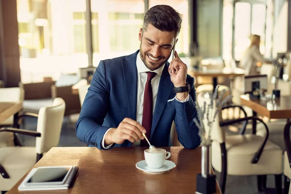 Happy Businessman Having Cup Coffee Communicating Mobile Phone Cafe — Φωτογραφία Αρχείου