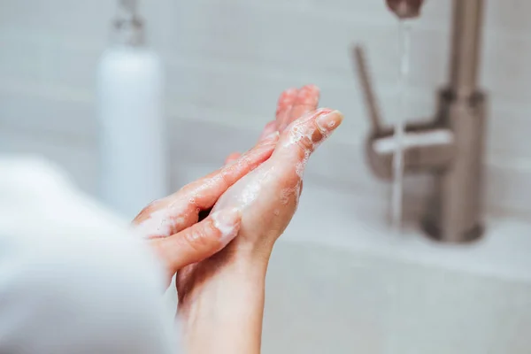 Close Woman Rubbing Hands Soap Bathroom — Φωτογραφία Αρχείου