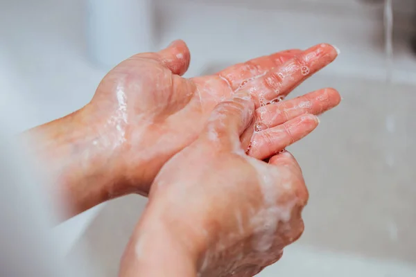 Close Washing Hands Soap Bathroom — Stockfoto