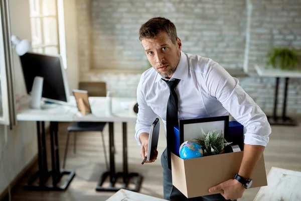 Sad Businessman Taking His Belongings Office Being Fired — Stockfoto