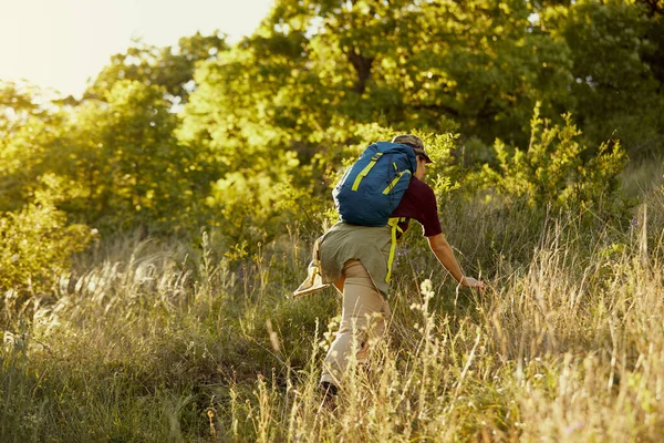 Back View Female Backpacker Exploring Nature Moving Tall Grass — Stock Photo, Image