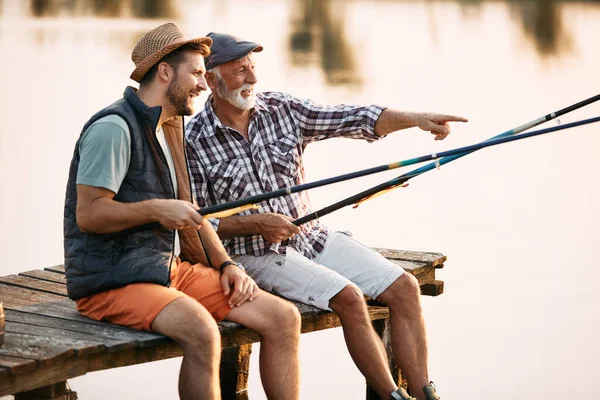 Happy Man Enjoying Fresh Water Fishing Father While Relaxing Pier — Stok fotoğraf