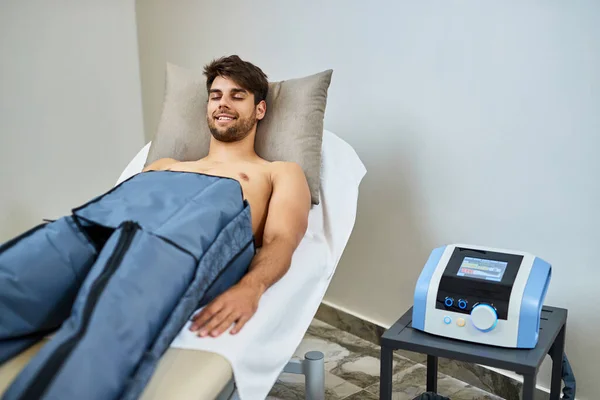 Smiling Man Relaxing Eyes Closed While Having Pressotherapy Health Spa — Stock Photo, Image