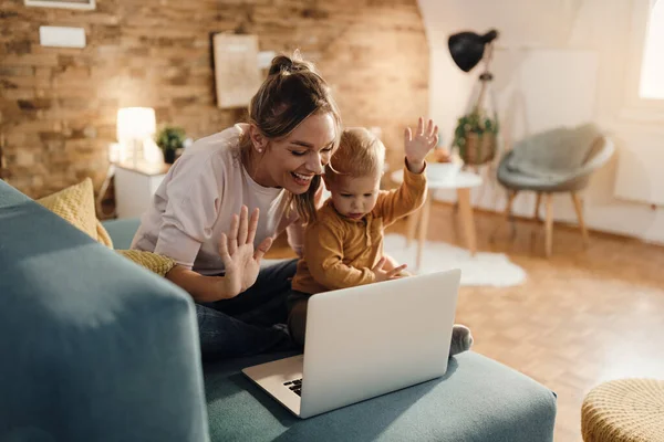 Happy Mother Her Small Boy Waving While Using Computer Having — Φωτογραφία Αρχείου