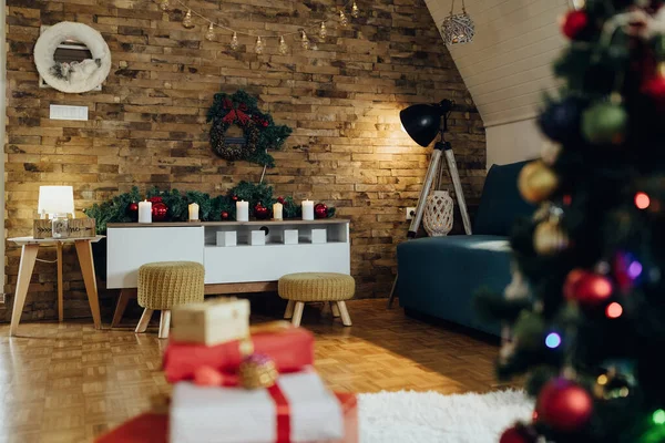 Interior of a home decorated for Christmas.