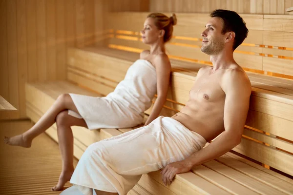 Serene Couple Relaxing Sauna While Spending Weekend Health Spa Focus — Stock Photo, Image