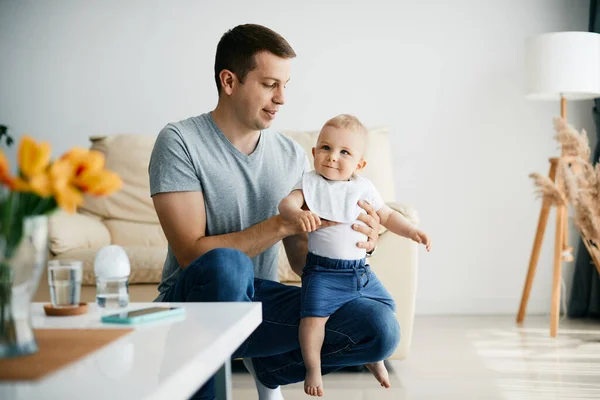Young Father His Baby Son Enjoying Together Home Copy Space — Fotografia de Stock