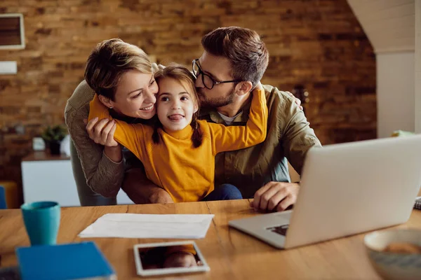 Happy Parents Enjoying Small Daughter Who Embracing Them Home — Stock Fotó