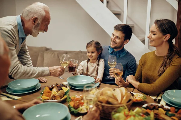 Happy Little Girl Toasting Her Grandfather Family Lunch Dining Table — Foto Stock